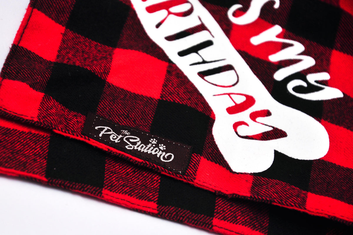 RED AND BLACK CHECKS “HAPPY BDAY” BANDANA FOR PETS - Premium Accessories from The Pet Station