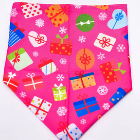 Pink bandana with colorful gift box and snowflake pattern on a white background