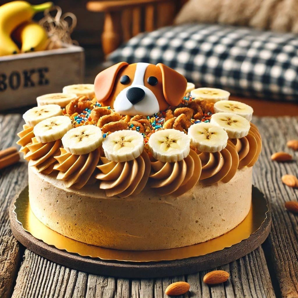 Banana Barkday Cake for dogs featuring peanut butter, banana slices, and a cute dog decoration.