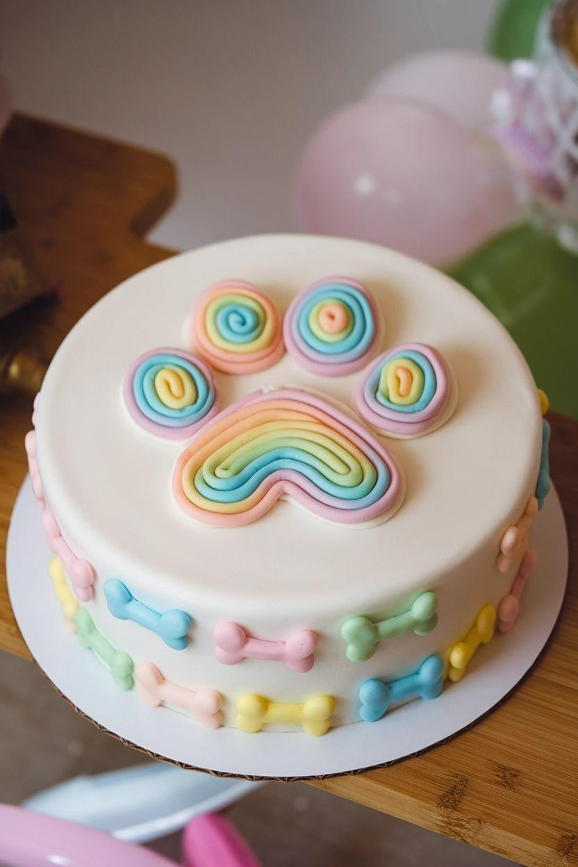 Colorful rainbow paw print cake with pastel bone decorations, perfect for pet celebrations.