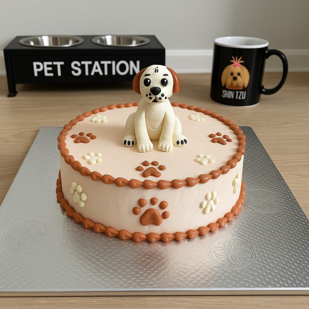 Signature Pup Cake by The Pet Station featuring a cute dog figurine and paw print decorations.
