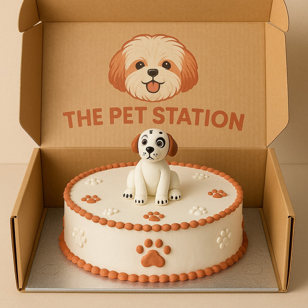 Signature Pup Cake by The Pet Station, featuring a cute dog topper and paw print decorations in a gift box.