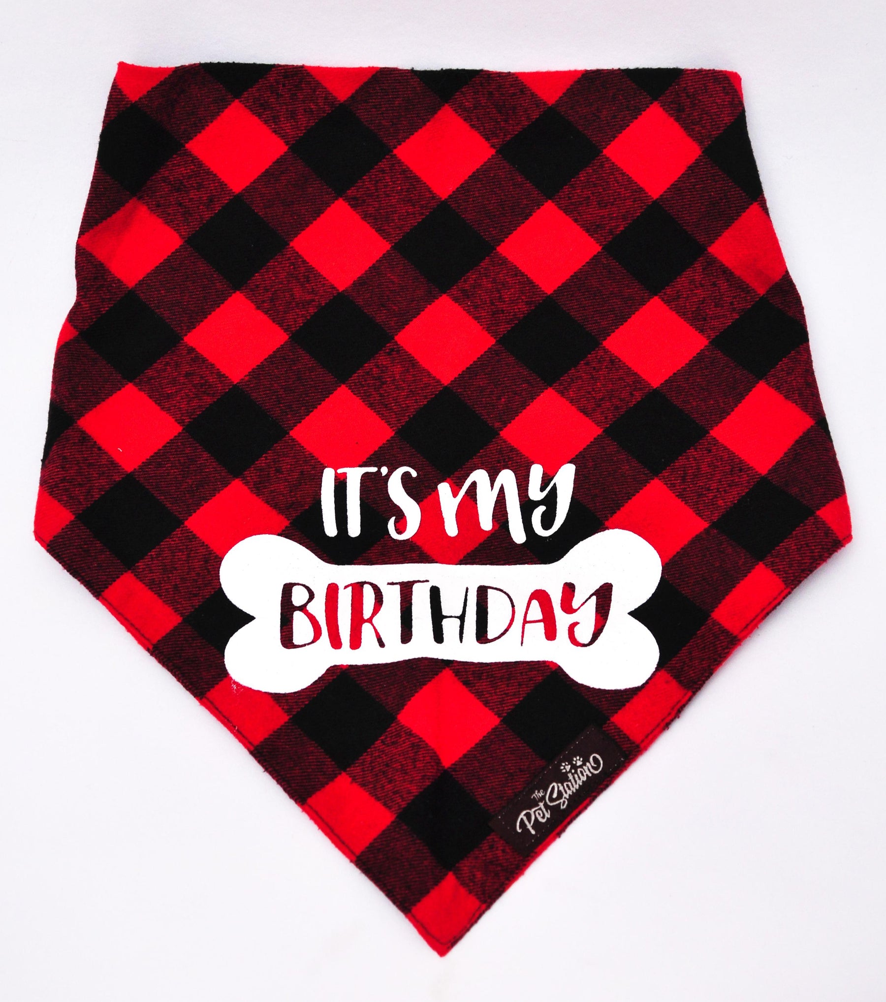 RED AND BLACK CHECKS “HAPPY BDAY” BANDANA FOR PETS - Premium Accessories from The Pet Station 
